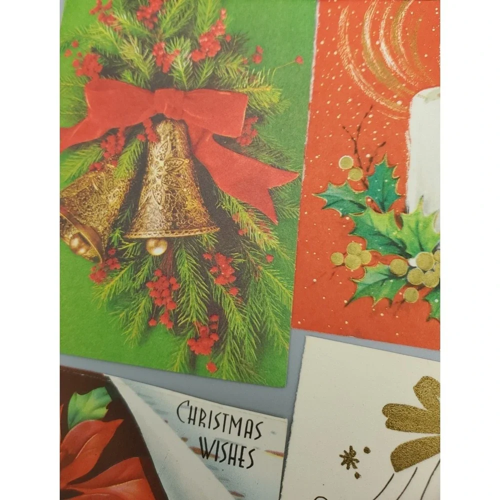 13 Old Vintage Used Greeting Card Fronts Crafts Poinsetta Candle Evergreen Holly